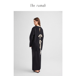 therumah黑色羊毛撞色绑带上衣 老钱风静奢轻盈舒适毛呢多穿系带