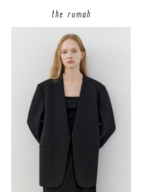 therumah无领西装外套 进口双层初剪羊毛袖口撞色外缝线休闲西装