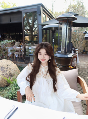圆圆媛er 假日风情/80苎麻20棉白色镂空宽松法式度假休闲衬衣女