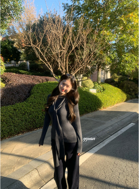 圆圆媛er 领结系带羊毛气质韩系高级感灰色修身轻薄长袖针织衫女