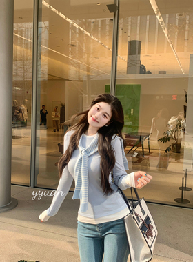 圆圆媛er 温柔欧尼 蓝色圆领拼色韩系百搭修身长袖天丝上衣配披肩