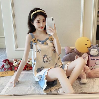 100%纯棉女睡衣吊带套装带胸垫无袖短裤卡通可爱两件居家套装