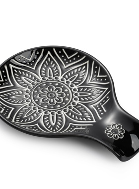 AYFGL手工制作绘画黑釉渐变白纹理凹凸花卉图案勺托 甜品碟