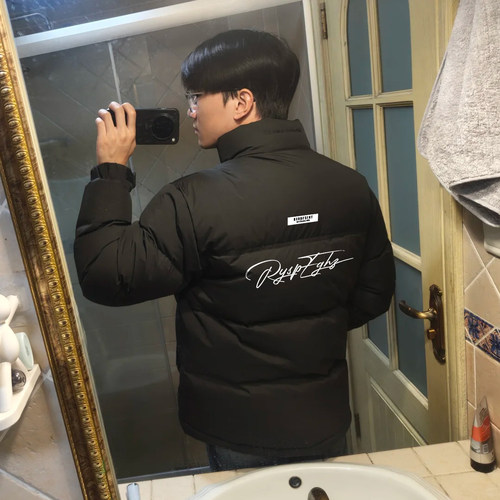 美式立领面包羽绒服男黑色宽松保暖2025冬季高街潮牌痞帅外套