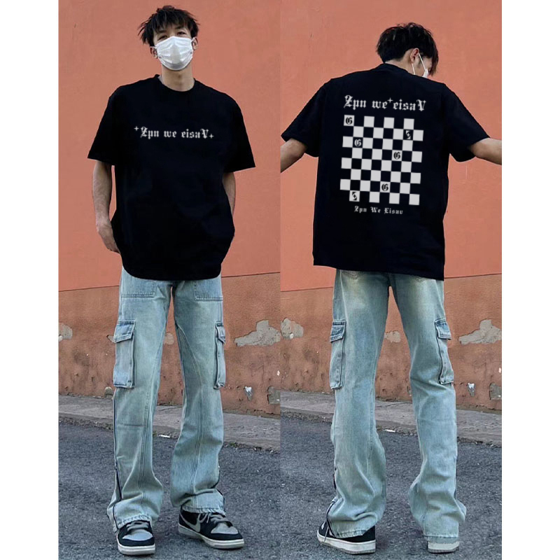 美式潮流嘻哈棋盘格印花重磅短袖