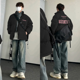 秋冬美式 潮牌字母印花痞帅加厚棉服男宽松立领无帽设计感休闲外套