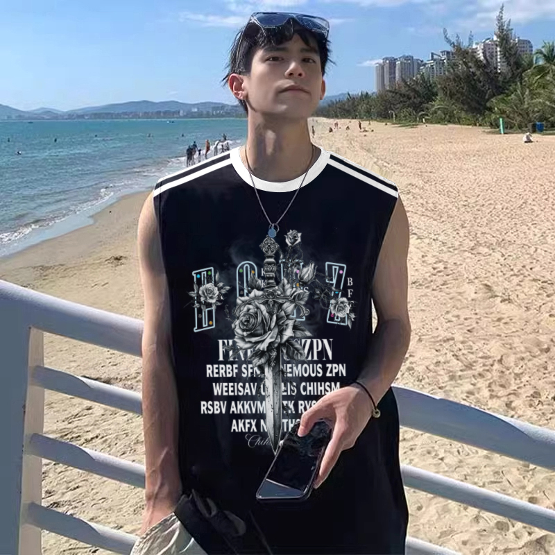 美式潮牌个性三条杠设计感纯棉背心t恤男士夏季运动休闲无袖上衣