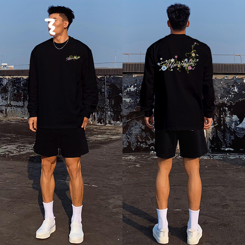 美式潮牌春秋季宽松黑色长袖T恤上衣男重磅纯棉收口高级感打底衫