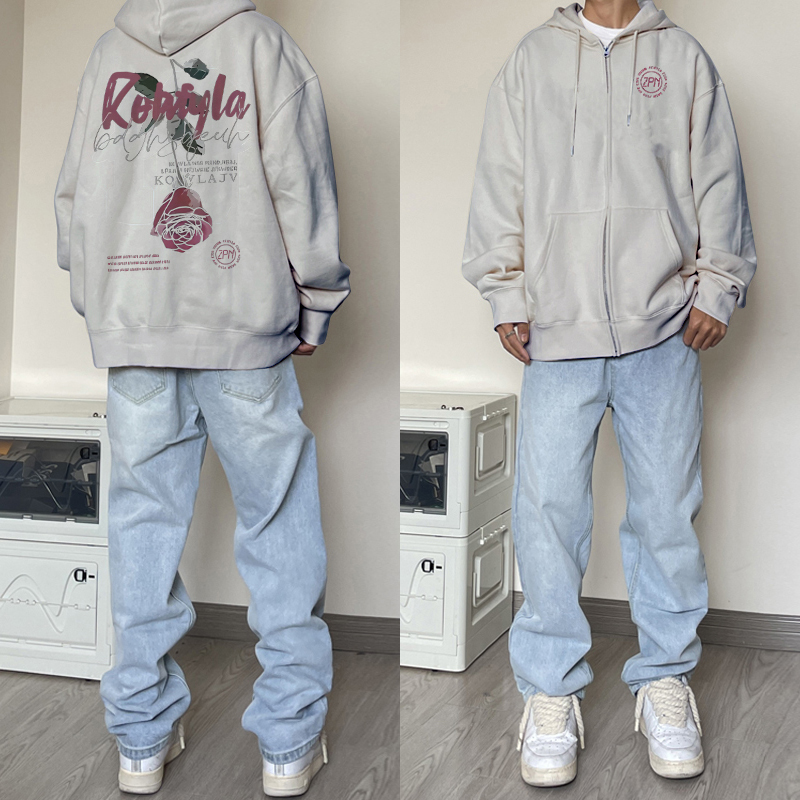 秋冬季开衫收口复古风连帽卫衣