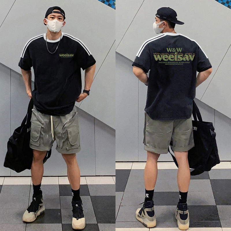 夏季三条杠宽松小领口美式重磅纯棉条纹短袖t恤男款高街半袖上衣