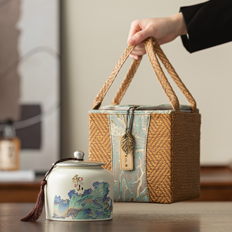 高端布包茶叶罐陶瓷密封罐礼盒空盒手工编织收纳盒便携储存罐定制