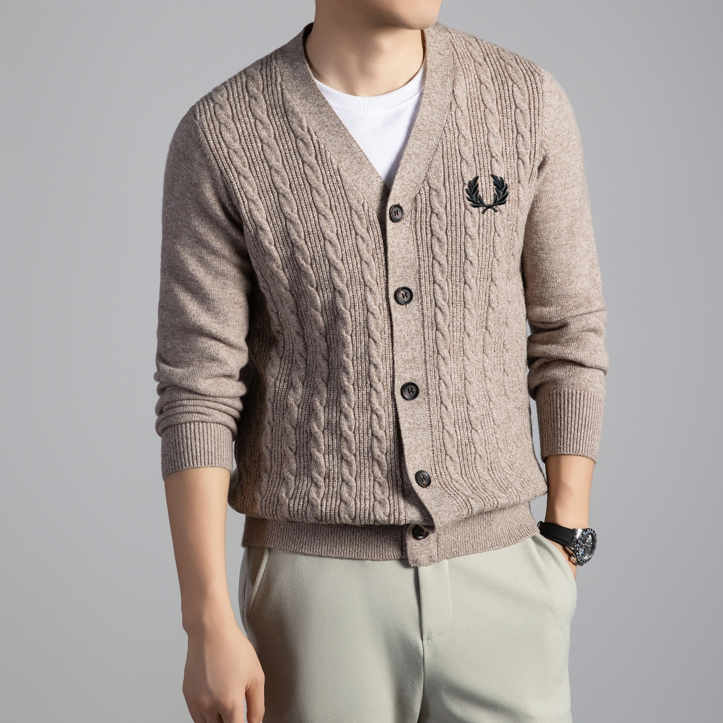 FP麦穗秋冬季男士V领羊毛开衫加厚保暖针织衫高级感刺绣毛衣外套