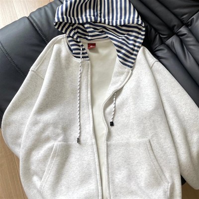 中性外套男女通穿美式覆古拼接条纹连帽卫衣O女男秋冬季宽松百搭