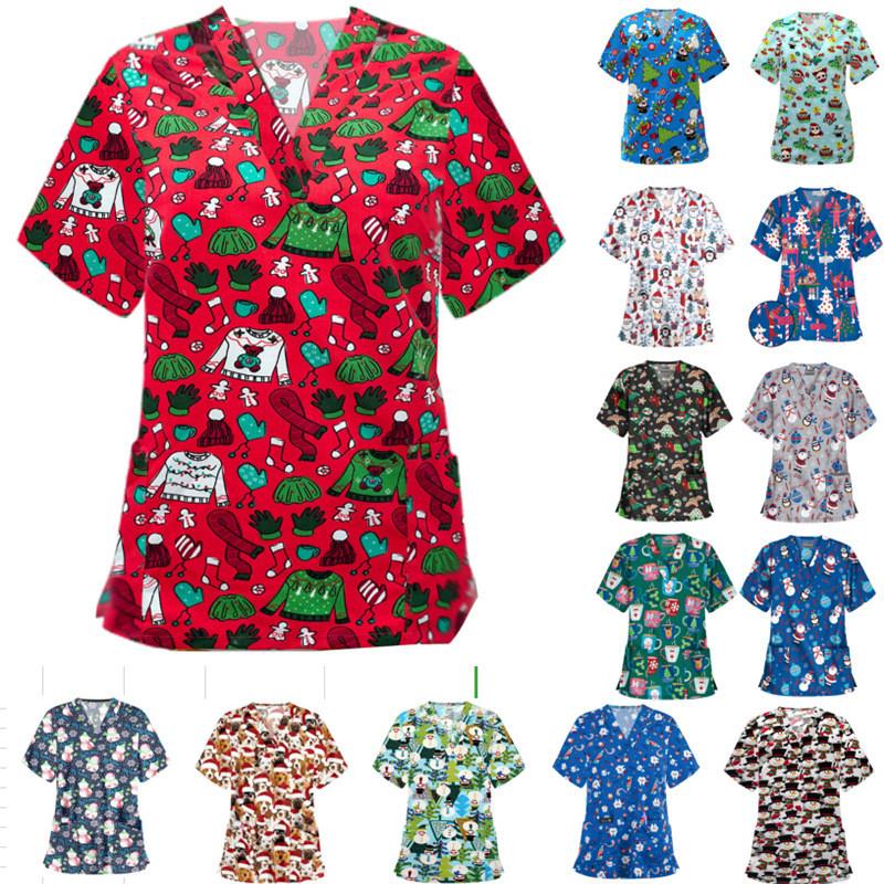 2021 nurse outfit Christmas print shirt v-neck short-sleeved