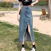denim 高腰毛边开叉牛仔半身裙 skirt fringed slit High waisted