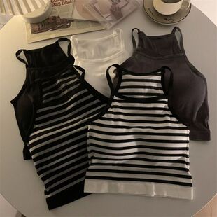 Short striped tank top with chest pad带胸垫露锁骨 条纹小背心
