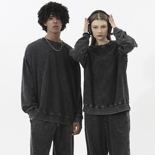 Distressed round-neck looped hoodie 做旧圆领毛圈休闲宽松卫衣