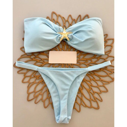 欧美纯色抹胸性感分体比基尼泳衣