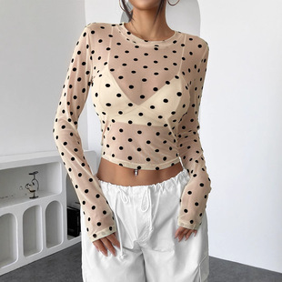 圆点修身网纱圆领长袖T恤上衣女Polka Dot Mesh Long Sleeve Top