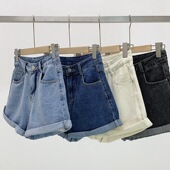 卷边牛仔短裤 fitting High 宽松显瘦 waisted loose denim shorts