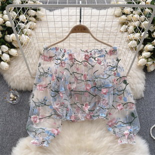 一字肩灯笼袖网纱刺绣透视上衣Mesh embroidered see-through top