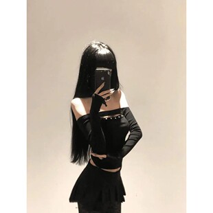 Cut T恤上衣Rivet Out Off Top 铆钉镂空一字肩长袖 Shoulder 短款