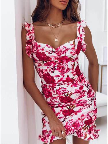 裹胸荷叶边碎花包臀裙