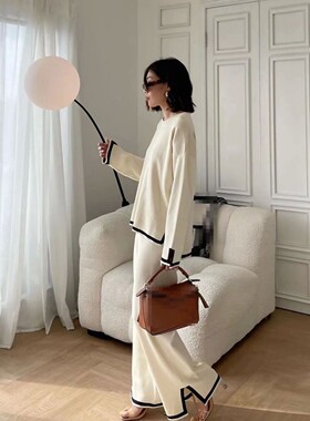 针织衫阔腿裤套装 Color-matching split knit wide-leg pantsuit