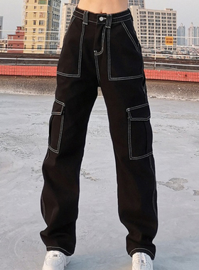 High-rise slim dense-line jeans女士高腰显瘦明线设计感牛仔裤