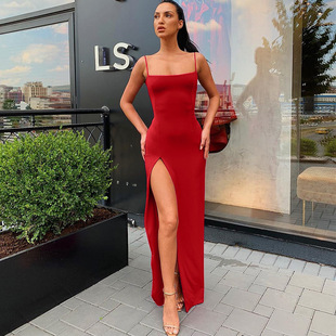 slit dress 高开叉低胸红色吊带长裙 high red halter cut low