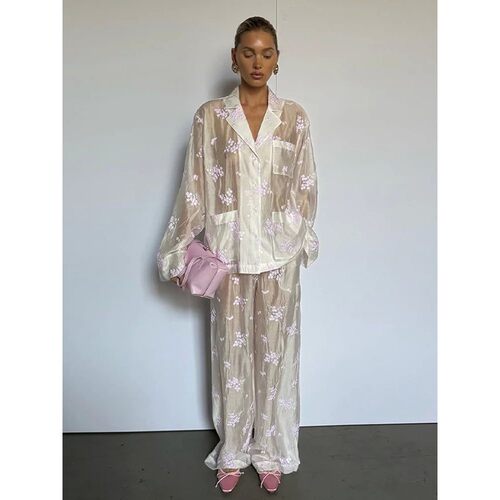 松弛风透视印花上衣长裤两件套