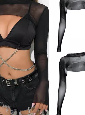 Black mesh sheer ultra-cropped top女生黑色网纱透视超短款上衣