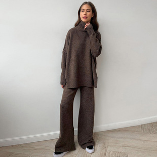 欧美女士高领宽松针织毛衣长裤套装 Women Knit Two Piece Suit