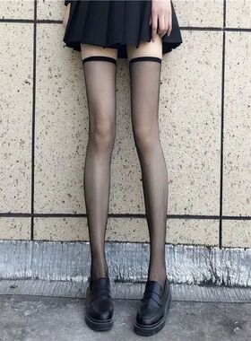 黑丝过膝袜夏季JK性感辣妹长筒蝴蝶结大腿袜黑色透明高筒袜子