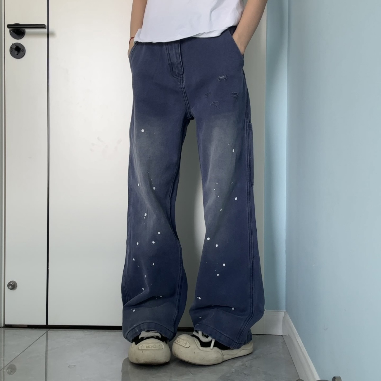 美式高街水洗做旧深蓝色牛仔裤男