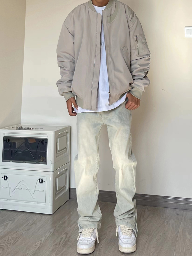 KHKH 美式复古黄泥染牛仔裤侧边拉链开叉宽松直筒高街显瘦裤子男