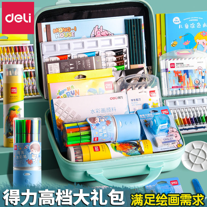 得力丙烯颜料套装防水不掉色生日伴手礼物幼儿园涂鸦无毒可水彩笔纺织彩绘油画diy手绘墙绘画聚丙烯画具礼盒