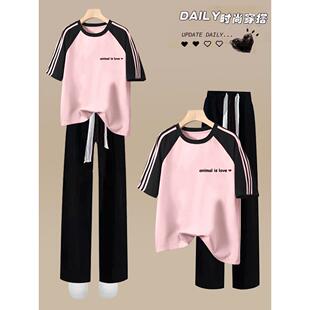 少女中学生学院风运动服套装女初中学生夏季纯棉短袖阔腿裤两件套