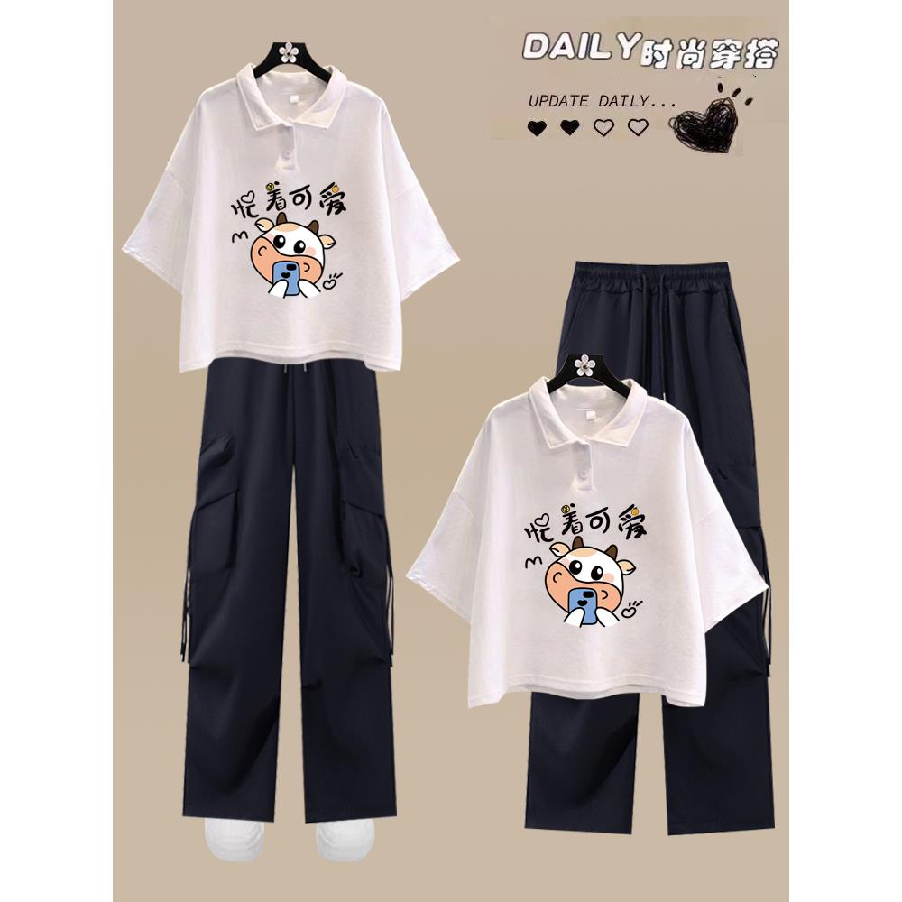 11-17岁初中学生套装女2025夏季polo领大童少女短袖T工装裤两件套