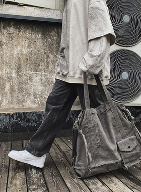 日系复古破坏流苏斜挎包小众设计感ins风bf工装帆布包单肩包男女