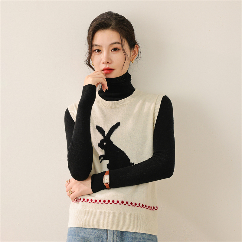 2025年秋季新款百搭圆领兔子提花马甲