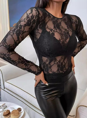蕾丝镂空透视修身上衣 Sexy lace cutout see-through fitted top