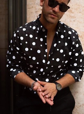 Polka-dot print casual long-sleeved shirt 波点印花长袖衬衣男