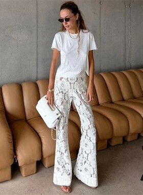 蕾丝花朵镂空白色微喇裤Lace flower cutout micro-cropped pants