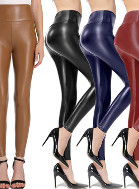 High-rise stretch PU leather leggings高腰弹力 PU皮九分打底裤