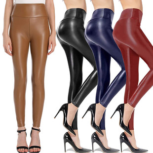 High-rise stretch PU leather leggings高腰弹力 PU皮九分打底裤