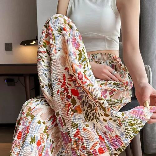 花色褶皱阔腿裤女生百搭