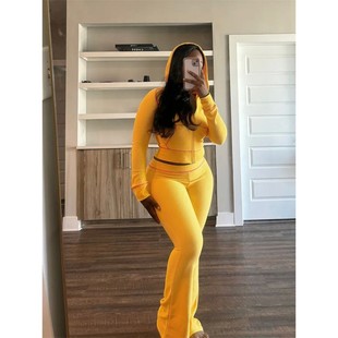 Waffle fabric hoodie bell bottoms suit华夫格连帽衫喇叭裤套装