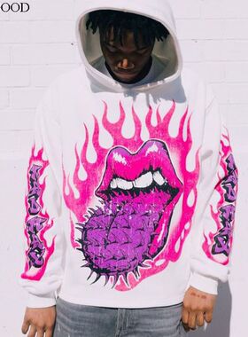 Funny tongue-print hooded sweatshirt美式搞怪舌头印花连帽卫衣