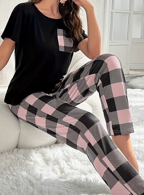 休闲格子口袋睡衣家居服套装 Checked pajamas and home wear set